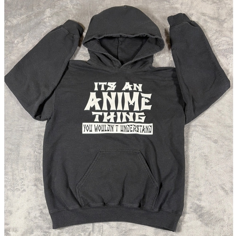 Gildan Heavy Blend Mens Small Black Anime Graphic Hoodie Sweatshirt